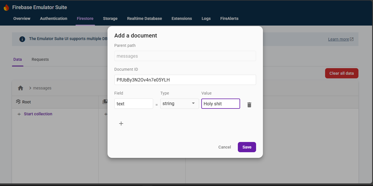 Firestore emulator interface showing empty database